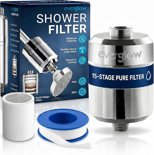 Everglow High Output Shower Filter Head for Hard Water, Multi Stage Filtration Shower Head Filter Water Softener System Helps Improve Hair, Skin, Nails, for Eczema, Dandruff, 100% Chlorine Removal