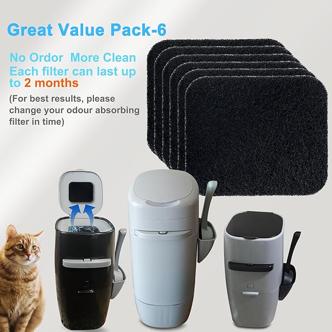 PurifyLogix 6 Pack Charcoal Filters Replacement for Litter Genie Standard Pail, Activated Charcoal Filters Compatible with Litter Genie Cat Litter Box Waste Disposal System for Odor Control (6)