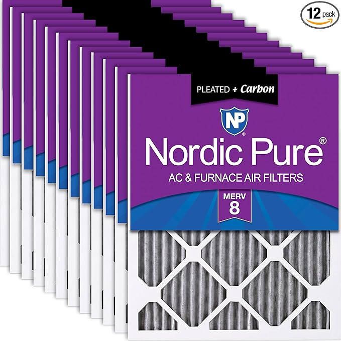 Nordic Pure 18x25x1 (Actual Size: 17 1/2 x 24 1/2 x 3/4) Furnace Air Filters MERV 8 Pleated Plus Carbon 12 Pack