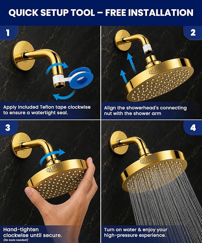 GURIN Shower Head - Powerful High Pressure Rain Shower Head 6 Inch - Luxury Rainfall Showerhead with Adjustable Angles, 90 Anti-Clog Nozzles, Tool-Free 1-Min Install, Premium Gold Plated Finish