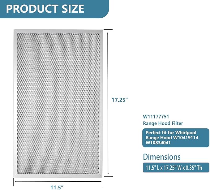 W11177751 Range Hood Filter 11-1/2" X 17-1/4" Replacement For Whirlpool Range Hood W10419114 W10834041 W11176974 4547137 AP6285612 PS12348521 EAP12348521 Aluminum Mesh Filters 2 Pack