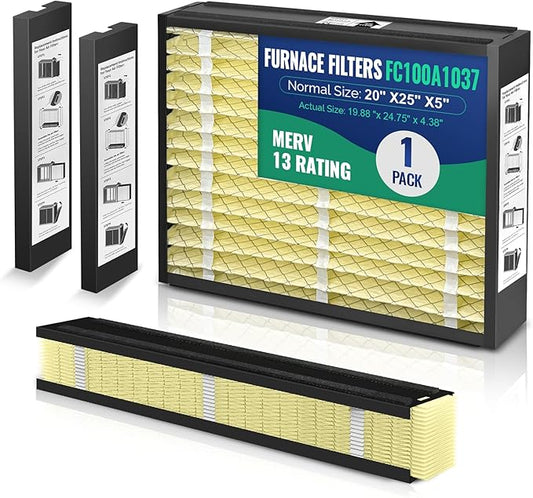 1-Pack 20x25x5 Air Filter MERV 13 Superior Pet & Allergy Defense, Pleated HVAC AC Furnace Filters Compatible with Honeywell FC100A1037 and More (Actual Size: 19.88 x 24.75 x 4.38inch)