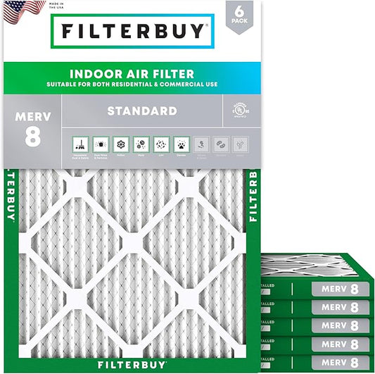 Filterbuy 8x14x1 Air Filter MERV 8 Essential Dust & Allergy Defense (6-Pack), Electrostatic Pleated HVAC AC Furnace Filters Replacement, Made in USA (Actual Size: 7.50 x 13.50 x 0.75)