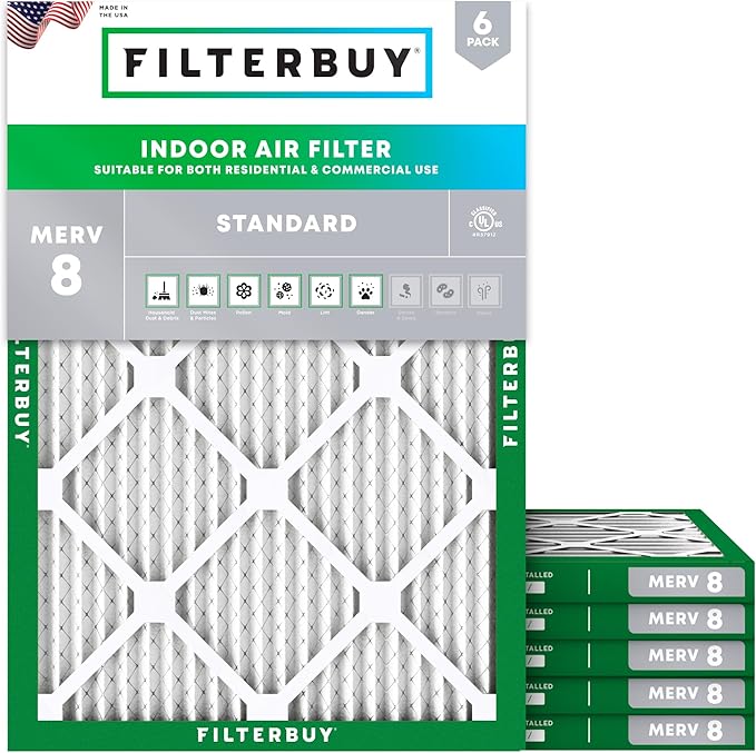 Filterbuy 30x32x1 Air Filter MERV 8 Essential Dust & Allergy Defense (6-Pack), Electrostatic Pleated HVAC AC Furnace Filters Replacement, Made in USA (Actual Size: 30.00 x 32.00 x 0.75)