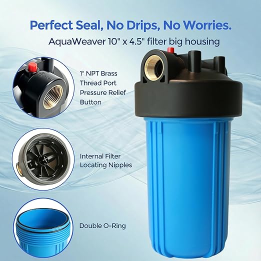 Whole House Water Filter Housing (WH-10HD), 10" x 4.5" Sediment Carbon Filter Universal Housing, Pre-Filtration System for Well and City Water, 1" NPT Port, Pressure Release