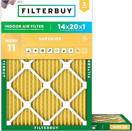 Filterbuy 14x20x1 Air Filter MERV 11 Superior Pet & Allergy Defense (2-Pack), Electrostatic Pleated HVAC AC Furnace Filters Replacement, Made in USA (Actual Size: 13.50 x 19.50 x 0.75)