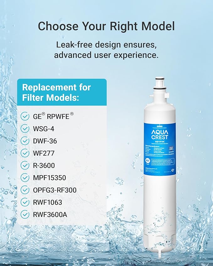 AQUA CREST AQF-FF19C Replacement for GE® RPWFE®, RPWF (with CHIP) Refrigerator Water Filter, Compatible with GYE22HMKES, GYS22GMNES, GYE22HBLTS, DFE28JSKSS, GFE28HMHES, GNE29GYNFS, 2 Filters