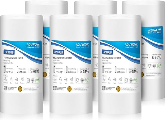 PP10BB 5 Micron 4.5" x 10" Filter Set – Sediment Replacement Cartridges for Whole House Water Filtration Systems, Universal Standard PP Filters (6, 10 x 4.5)