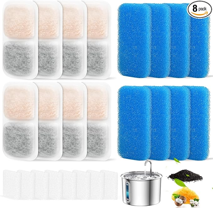 8 Sets Cat Water Fountain Filter Compatible with oneisall 67oz/2L Stainless Steel Cat Water Fountain, Activated Carbon Ion Resin Food Grade PP Cotton, Fresh and Clean