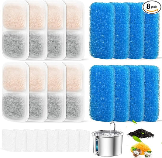 8 Sets Cat Water Fountain Filter Compatible with oneisall 67oz/2L Stainless Steel Cat Water Fountain, Activated Carbon Ion Resin Food Grade PP Cotton, Fresh and Clean