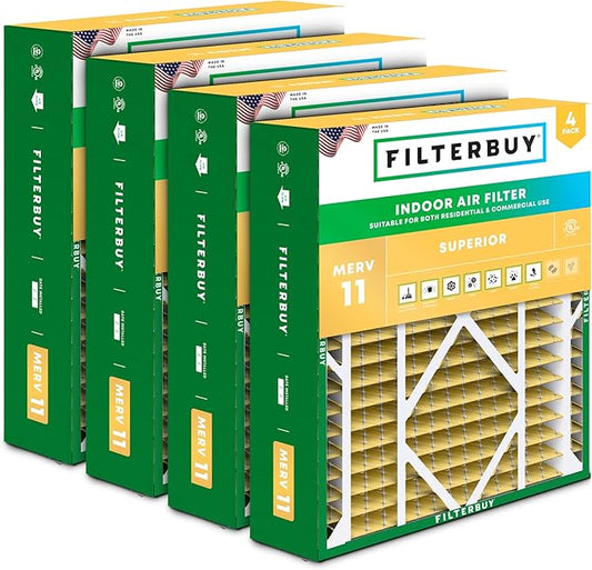 Filterbuy 21x21x5 Air Filter MERV 11 Superior Pet & Allergy Defense (4-Pack), Electrostatic Pleated HVAC AC Furnace Filters Replacement for Rheem, Ruud, & Protech (Actual Size: 20.63 x 20.63 x 4.38)