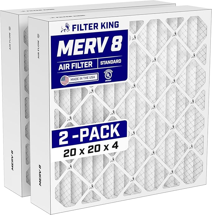 Filter King 20x20x4 Air Filter (MERV 8) (2-Pack) Dust & Allergy Control AC Furnace Filters, MADE IN USA, HVAC, Pleated, Electrostatic (Actual Size: 19.5 x 19.5 x 3.75)