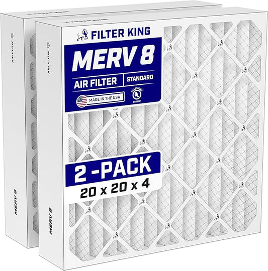 Filter King 20x20x4 Air Filter (MERV 8) (2-Pack) Dust & Allergy Control AC Furnace Filters, MADE IN USA, HVAC, Pleated, Electrostatic (Actual Size: 19.5 x 19.5 x 3.75)
