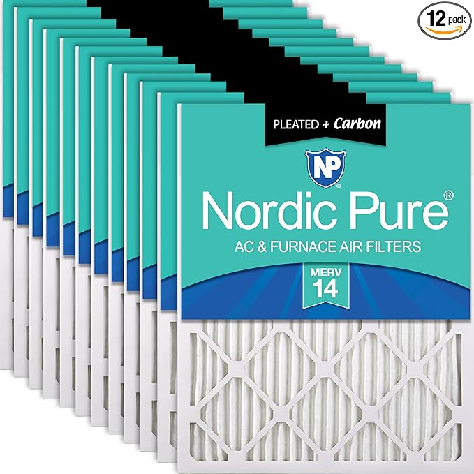 Nordic Pure 20x25x1 (Actual Size: 19 1/2 x 24 1/2 x 3/4) Pleated Air Filters MERV 14 Plus Carbon 12 Pack