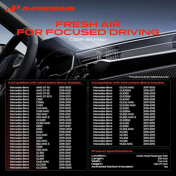 A-Premium Cabin Air Filter with Activated Carbon Compatible with Mercedes-Benz C300, C350e, C400, C43 AMG, C450 AMG, E300, E350, E53 AMG, GLE350, GL450, GLC300, GLS63 AMG, CLS53 AMG, G550, AMG GT 63