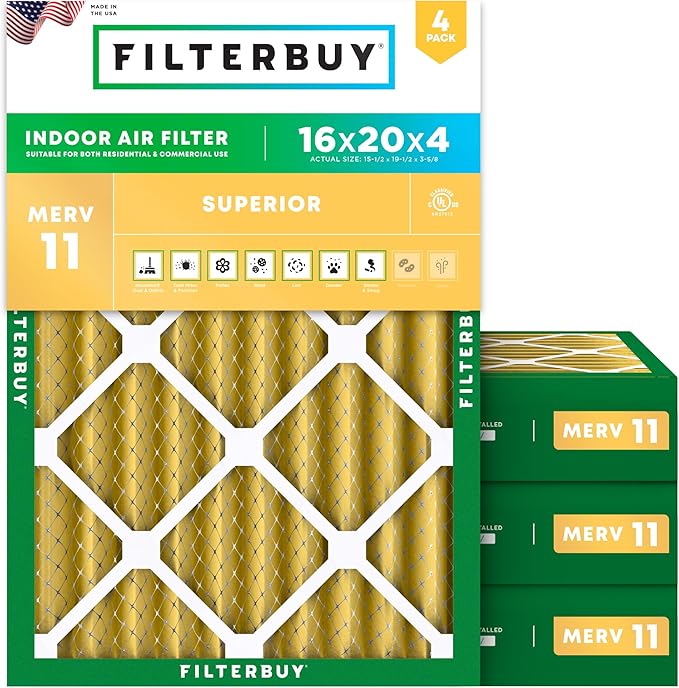 Filterbuy 16x20x4 Air Filter MERV 11 Superior Pet & Allergy Defense (4-Pack), Electrostatic Pleated HVAC AC Furnace Filters Replacement, Made in USA (Actual Size: 15.50 x 19.50 x 3.63)