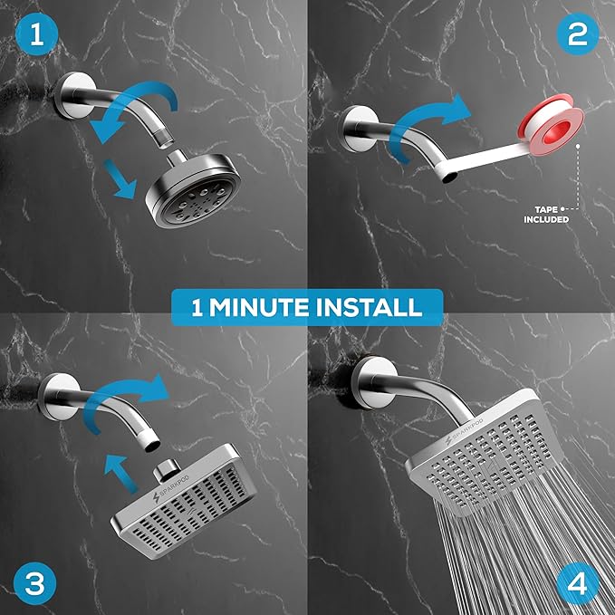 SparkPod Shower Head - High Pressure Rain - Premium Quality Luxury Design - Easy Clean Adjustable Replacement for Your Bathroom Shower Heads (Polished Chrome Finish, 6 Inch Square)