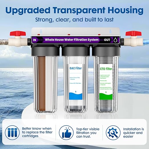 Whole House Water Filter System, 3-Stage Home Water Filtration System Highly Reduces Chlorine Odor,Taste, Delivers Crisp Water for Healthier Skin, 3/4" Ports with 2 Valves, Extra 2 Sets Filter Supply