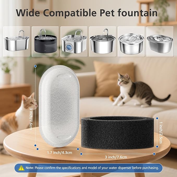 32 Pack Cat Water Fountain Filters for 108/3.2L& 67oz/2L& 4L/135oz Stainless Steel Pet Water Dispenser Cat/Dog Fountain Filter Replacement(16 Filters & 16 Sponges)