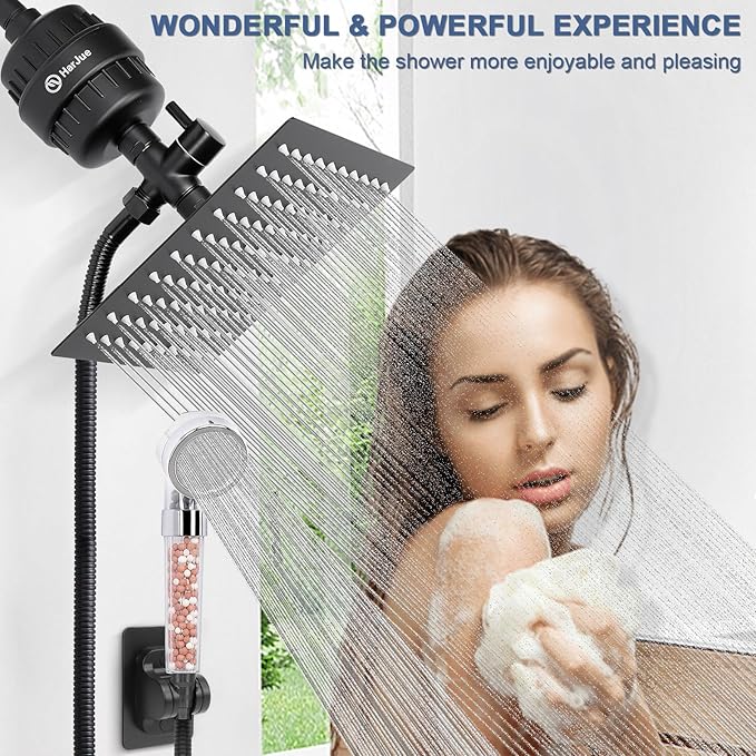 Filter Shower Head, High Pressure 8 Inch Rainfull with Filter Combo for Hard Water, Remove Chlorine Fluoride and Harmful Substances- 1 Replaceable Filter Cartridge (Square, Matte Black)