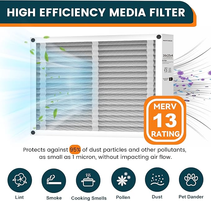 2-Pack 16x25x4 AC Air Filter Compatible with Honeywell FC100A1029 & Lennox, MERV 13, Electrostatic Furnace Filter Replacement, Foldable Design, Actual Size:15.94x24.86x4.38in