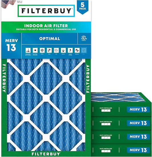 Filterbuy 20x30x2 Air Filter MERV 13 Optimal Smoke & Allergy Defense (5-Pack), Electrostatic Pleated HVAC AC Furnace Filters Replacement, Made in USA (Actual Size: 19.75 x 29.75 x 1.75)