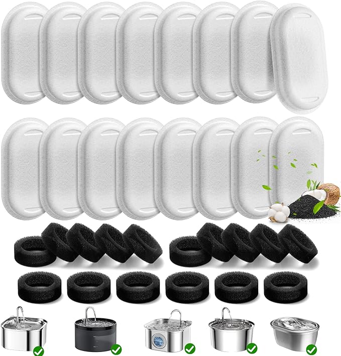 32 Pack Cat Water Fountain Filters for 108/3.2L& 67oz/2L& 4L/135oz Stainless Steel Pet Water Dispenser Cat/Dog Fountain Filter Replacement(16 Filters & 16 Sponges)