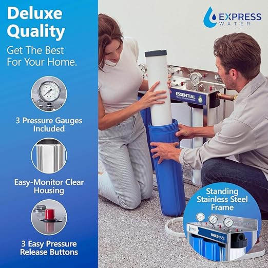 Express Water Whole House Water Filter System, 3 Stage Whole Home Filter Reduces Chlorine, Chloramine and More for Healthier Skin, Includes Free-Standing Stainless Steel Frame & 3 Pressure Gauges