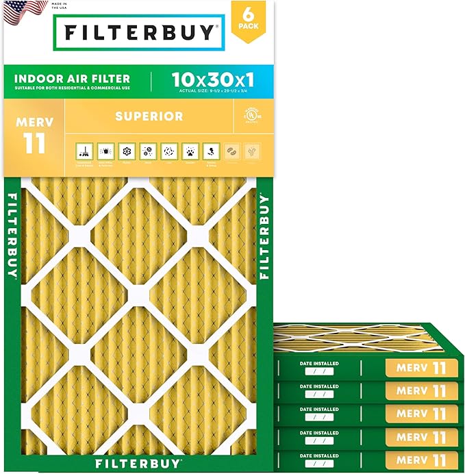 Filterbuy 10x30x1 Air Filter MERV 11 Superior Pet & Allergy Defense (6-Pack), Electrostatic Pleated HVAC AC Furnace Filters Replacement, Made in USA (Actual Size: 9.50 x 29.50 x 0.75)