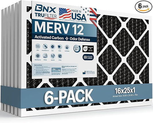BNX TruFilter 16x25x1 MERV 12 Odor Defense (6-Pack) AC Furnace Air Filter with Activated Carbon - MADE IN USA - Pleated Air Conditioner HVAC AC Furnace Filters - Removes Odor, Mold, Bacteria, Smoke