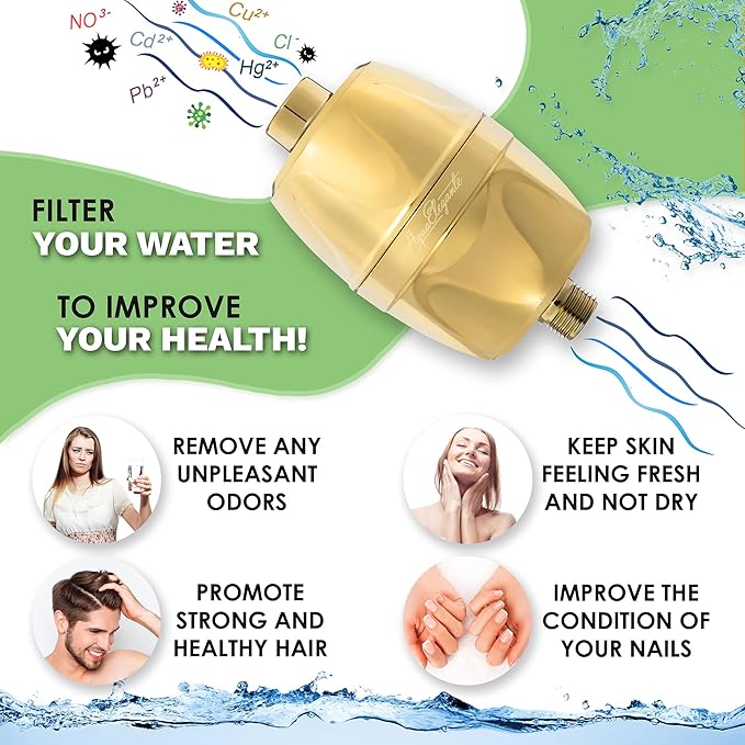Aqua Elegante Shower Water Filter - Chlorine Showerhead Filters Using Only Proven Ingredients, Universal Home Purifier And Filtered Softener System Best for Skin and Hair - Polished Brass