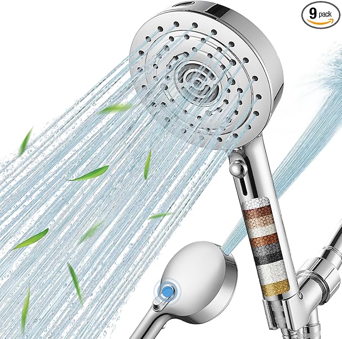 Filtered Shower Head 7 Spray Mode High Pressure Shower Head with Handheld Water Softener Filters Beads,79" Long Hose,Built-in Power Wash Mode (7 Modes, Chrome)