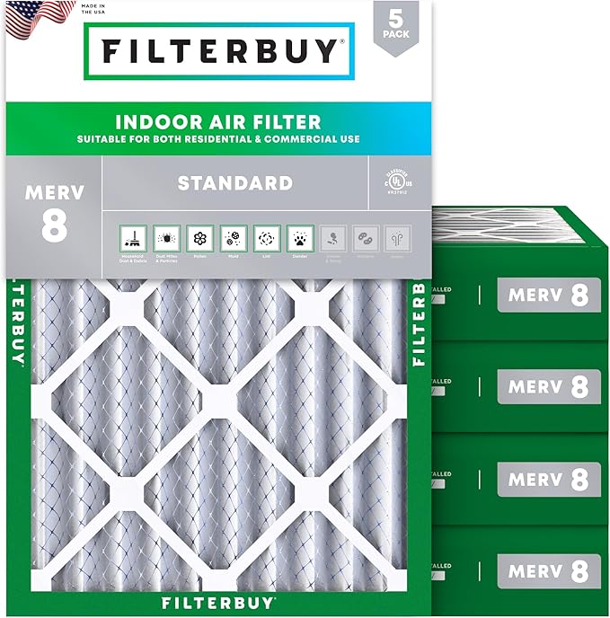 Filterbuy 18x20x4 Air Filter MERV 8 Essential Dust & Allergy Defense (5-Pack), Electrostatic Pleated HVAC AC Furnace Filters Replacement, Made in USA (Actual Size: 17.50 x 19.50 x 3.63)