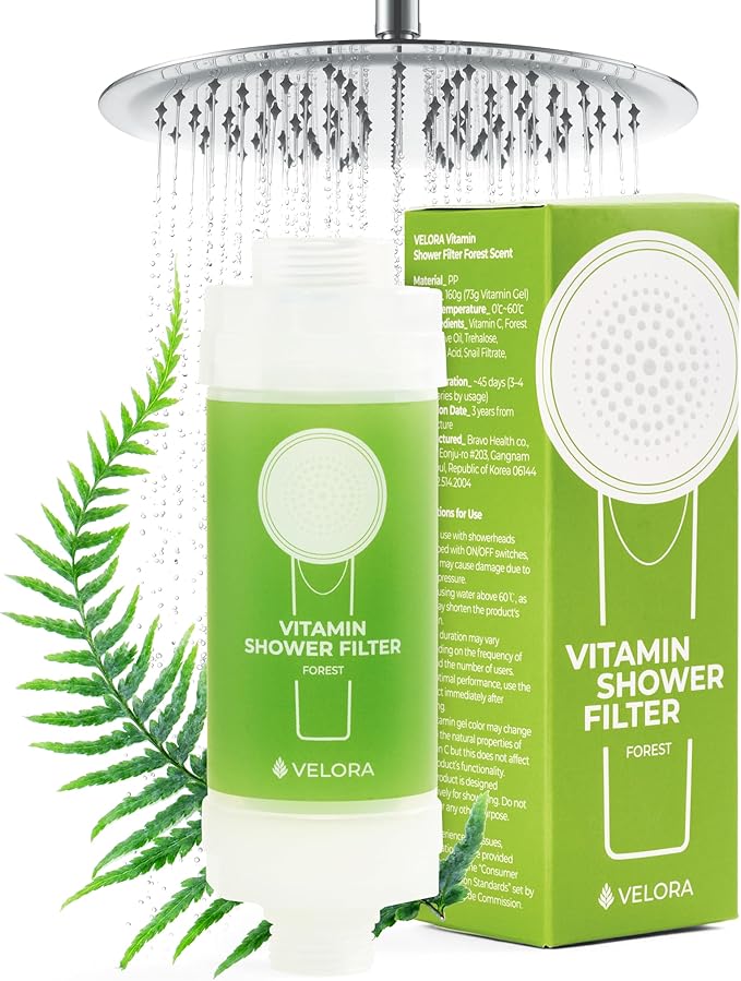 VELORA Vitamin C Shower Filter and Water Softener for Hard Water - Aromatherapy Shower Head Attachment - Universal Fit, No Tools - Replenish Dry, Itchy Skin and Nourish Hair - Forest-Scented