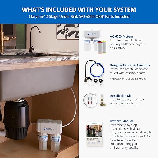 Aquasana Under Sink Water Filter | 2-Stage Filtration | Reduces up to 99.99% of PFAS, Lead, Chlorine, Cysts, & More | Under Counter Drinking Water Filter | Oil-Rubbed Bronze Faucet | AQ-6200-ORB