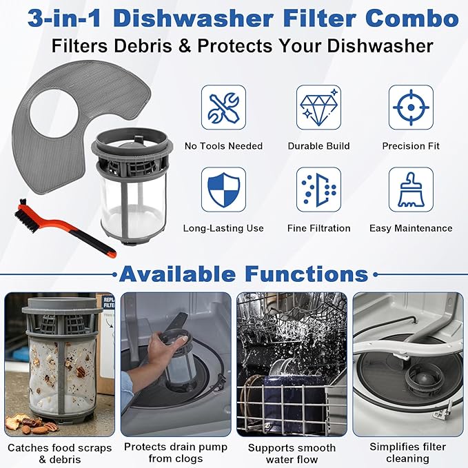 BigHead W10872845 Dishwasher Pump Filter Cup & WPW10463906 Screen Filter with Red Cleaning Brush Compatible with Whirlpool Kenmore KitchenAid Amana - Replaces AP6030094 PS11759673 AP6021820 PS11755148
