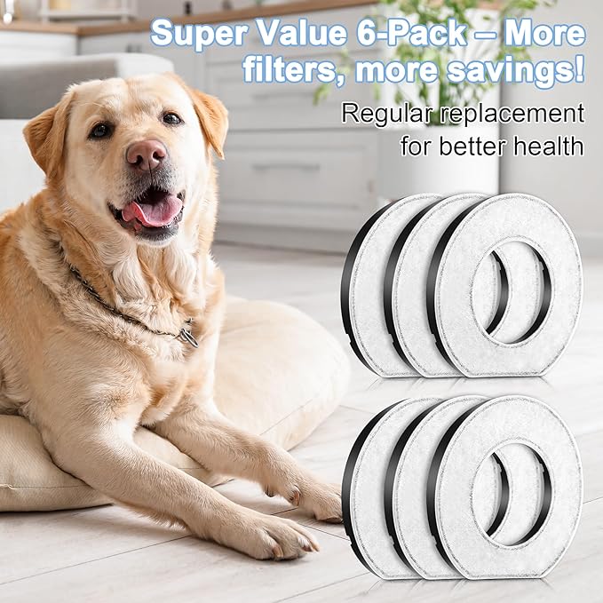 Feekoon 6 Pack Dog Water Bowl Replacement Filters Compatible With Lumoleaf, Upsky, Urpower, Els Pet, Pawtners No Spill Dog Water Bowl, Coconut Shell Activated Carbon Filters