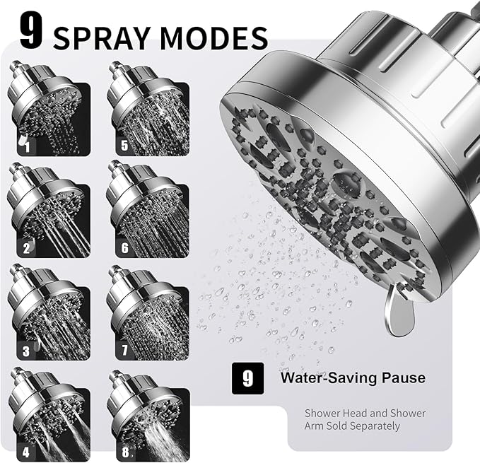 OFFO Filtered Shower Head, 20 Stage Shower Filter Head for Hard Water with Pause Mode, 9 Modes High Pressure Shower Head with Filter for Remove Chlorine and Harmful, Chrome
