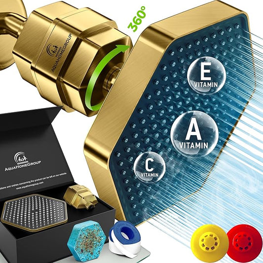 AquaHomeGroup Luxury Filtered Shower Head Set - 20 Stage Filter Reduces Chlorine, Heavy Metals and Sediment - Vitamin C E and A - Brushed Gold