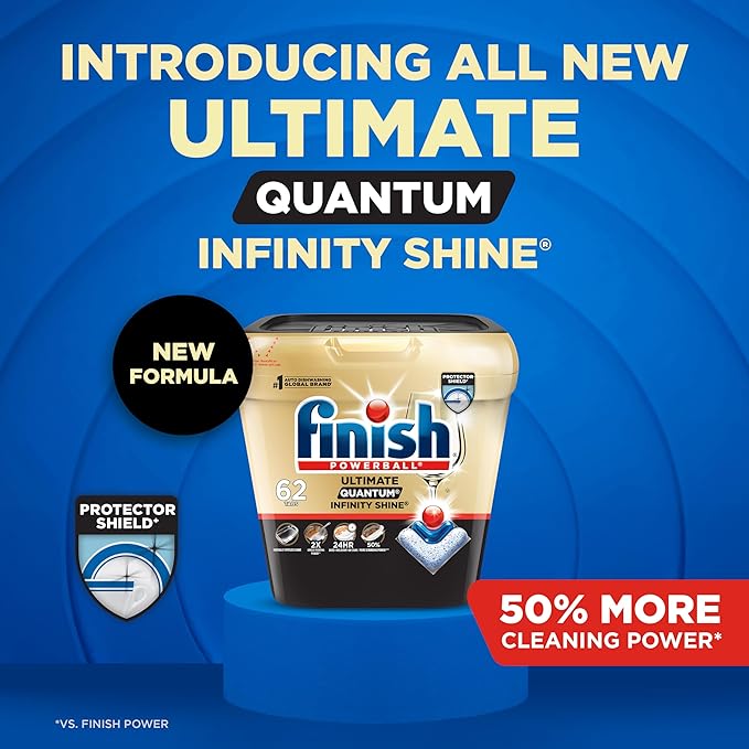 Finish Ultimate Quantum Infinity Shine Dishwasher Pods, New & Improved Formula, Dishwasher Detergent Dish Soap, Removes Burnt-On & Dried-On Stain, Fresh Scent, 62 Count