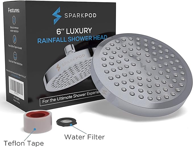 SparkPod Shower Head - High Pressure Rain - Premium Quality Luxury Design - Easy Clean Adjustable Replacement for Your Bathroom Shower Heads (Charcoal Grey, 6 Inch Round)