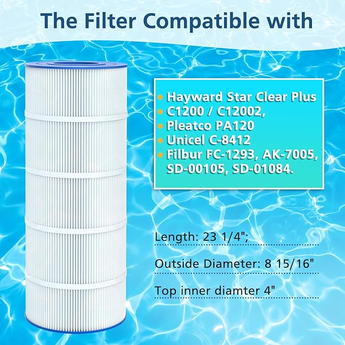 2 Pack PA120 Replacement Pool Filter Compatible with Hayward C1200, CX1200RE, Unicel C-8412, Filbur FC-1293, Clearwater II 125, Waterway Pro Clean PCCF-125, 817-0125N, 120 Sq. Ft Cartridge