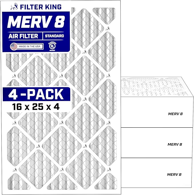Filter King 16x25x4 Air Filter (MERV 8) (4-Pack) Dust & Allergy Control AC Furnace Filters, MADE IN USA, HVAC, Pleated, Electrostatic (Actual Size: 15.5 x 24.5 x 3.75)