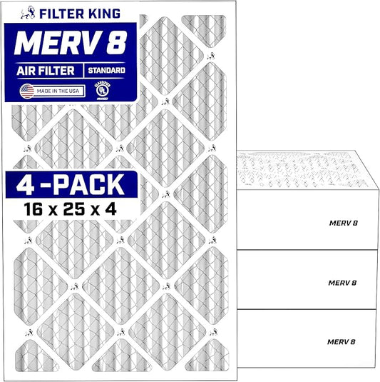 Filter King 16x25x4 Air Filter (MERV 8) (4-Pack) Dust & Allergy Control AC Furnace Filters, MADE IN USA, HVAC, Pleated, Electrostatic (Actual Size: 15.5 x 24.5 x 3.75)