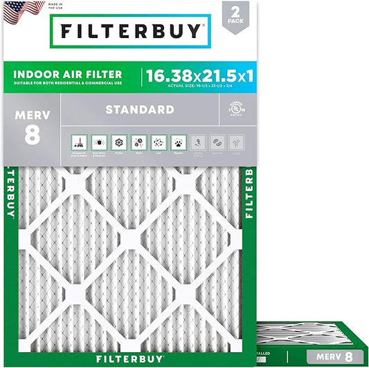 Filterbuy 16.38x21.5x1 Air Filter MERV 8 Essential Dust & Allergy Defense (2-Pack), Electrostatic Pleated HVAC AC Furnace Filters Replacement, Made in USA (Actual Size: 16.50 x 21.50 x 0.75)