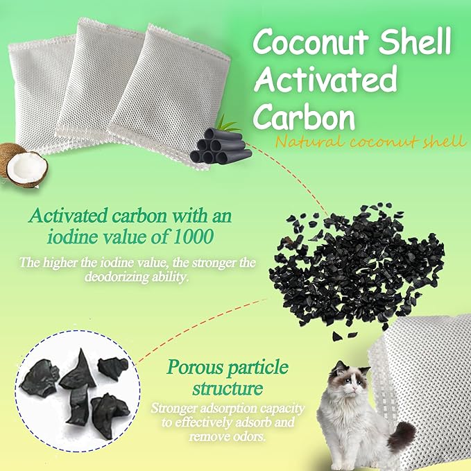 PurifyLogix Activated Charcoal Odor Absorber Bags Compatible with OKSOTY Stainless Steel Cat Litter Box, Natural Coconut shell Charcoal Bags, Absorb Odors/Control Damp from Pets/Keep Home Fresh（6PCS）