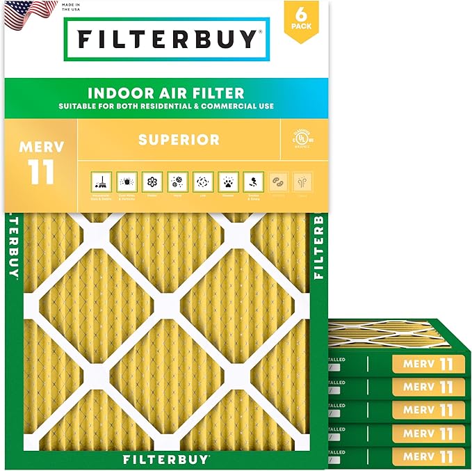 Filterbuy 10x16x1 Air Filter MERV 11 Superior Pet & Allergy Defense (6-Pack), Electrostatic Pleated HVAC AC Furnace Filters Replacement, Made in USA (Actual Size: 9.50 x 15.50 x 0.75)