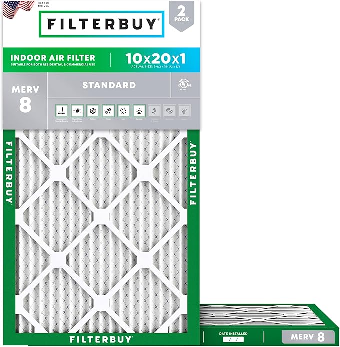 Filterbuy 10x20x1 Air Filter MERV 8 Essential Dust & Allergy Defense (2-Pack), Electrostatic Pleated HVAC AC Furnace Filters Replacement, Made in USA (Actual Size: 9.50 x 19.50 x 0.75)