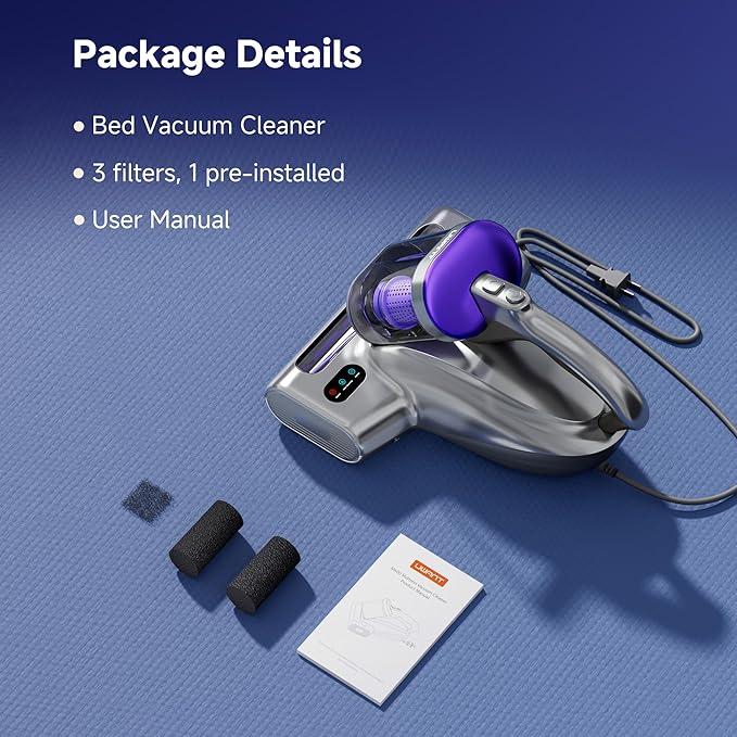 uwant Mattress Vacuum Cleaner, 18KPa Bed Vacuum with 253.7nm UV-C Light, 500W Powerful Handheld Vacuum with 65° Hot Air, 60000 RPM/Min Tapping, Ultrasonic, HEPA Filter for Bed, Sofa, Crib Set of 1