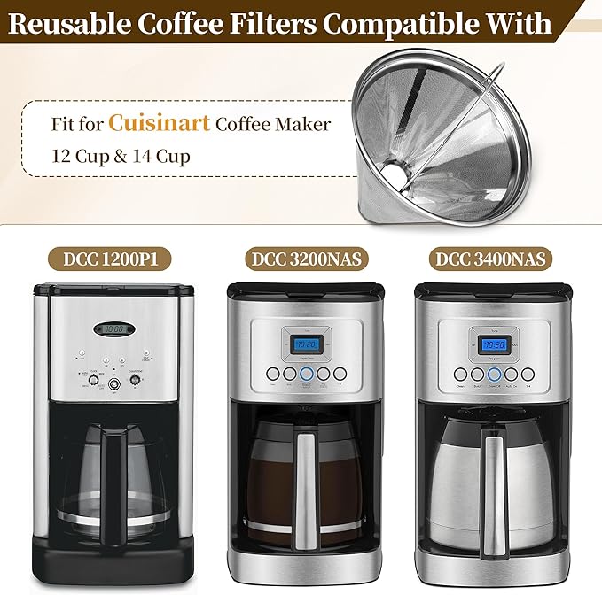 Coffee Filter Compatible with Cuisinart, Stainless Steel Coffee Filter Replacement for Cuisinart DCC 1200P1 3200NAS 3400NAS Coffee Machines - Coffee Maker Parts Reusable Coffee Filters # 4-2 Pack